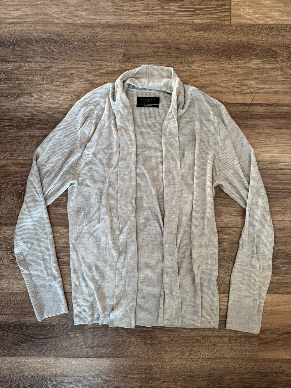 All Saints Open Ribbed Cardigan, 100% Merino, Light Grey